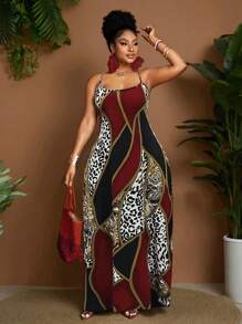 Maweii 春夏豹纹撞色针织弹力面料休闲优雅修身连衣裙，时尚设计，适合日常/海滩/约会穿着，红色加大码长款连衣裙 - 酒紅色 - 查看 4