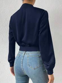 SHEIN EZwear Chaqueta bomber corta con cremallera de color sólido para primavera/invierno - Azul Marino - Ver 2