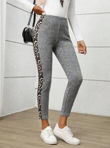 EMERY ROSE Quần legging họa tiết da báo, họa tiết động vật, cạp chun co giãn, quần legging nữ, quần co giãn thường ngày, quần legging có gân, quần áo mùa thu cho nữ, quần họa tiết da báo cho nữ - Xám - Xem 10
