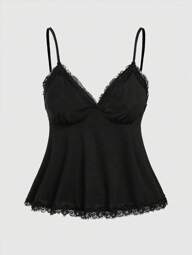 Fairycore Plus Size Women's Lace Patchwork Ruffle Hem Cami Tank Top With Spaghetti Straps