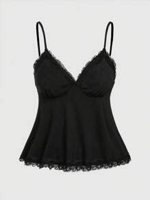 ROMWE Fairycore 大尺碼女性花邊拼接荷葉邊細肩帶背心背心上衣