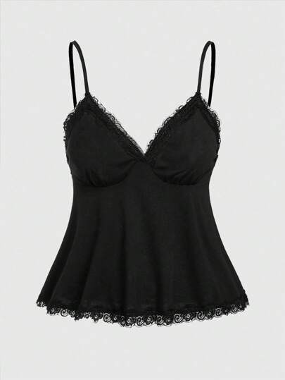 Fairycore Plus Size Women's Lace Patchwork Ruffle Hem Cami Tank Top With Spaghetti Straps