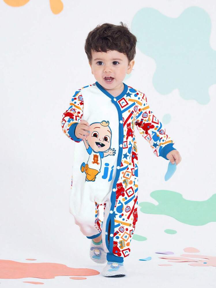 CoComelon X SHEIN Pelele de manga larga con estampado de oso de dibujos animados rojo y blanco para bebé niño en otoño e invierno - Azul y blanco - Añade 7