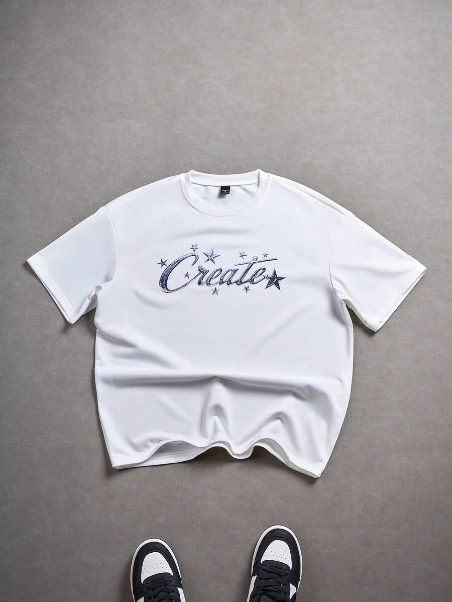 Manfinity EMRG Men's Casual Round Neck Short Sleeve T-Shirt With Letter And Pentagram Print, Summer , Men Graphic T-Shirts , Oversized Graphic Tees - White - View 1