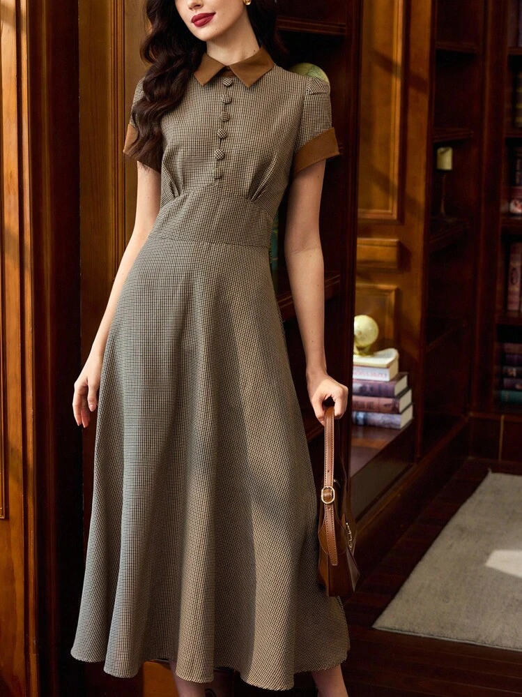 Vintamour Vestido retro clásico y elegante para mujer con bloques de color a cuadros, cuello, manga corta, silueta entallada y acampanada, apropiado para primavera/verano - Café - Añade 5