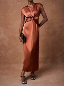 Zivah Robe d'été 2025 pour femmes avec col rond, sans manches, torsadée à la taille, en tissu brillant rouge-brun, convenant pour la fête des Mères, le mariage, l'anniversaire, les occasions décontractées, les vacances, le style de rue, les tenues élégantes et les tenues de bureau - Taupe - Voir 1