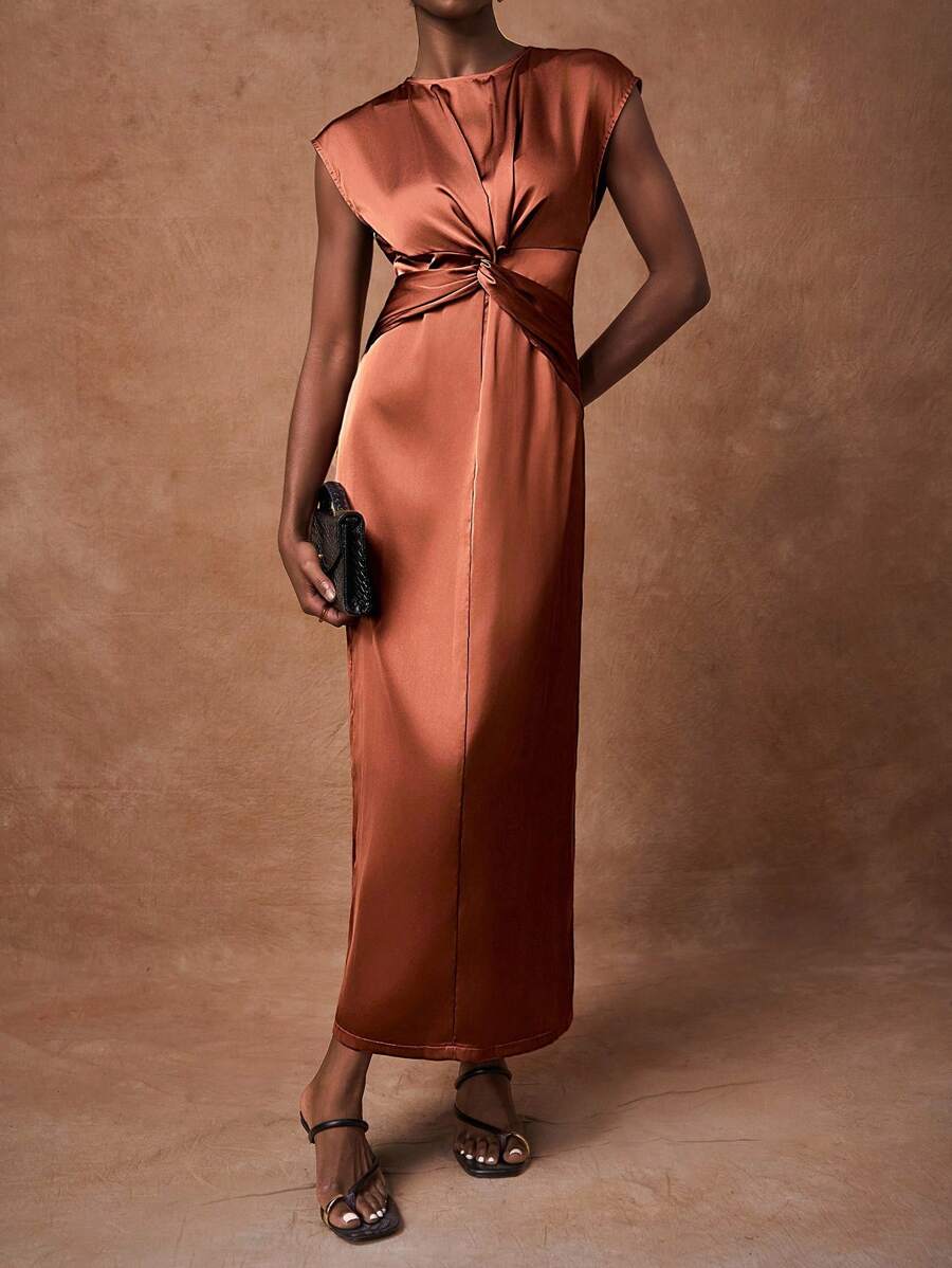 Zivah Robe d'été 2025 pour femmes avec col rond, sans manches, torsadée à la taille, en tissu brillant rouge-brun, convenant pour la fête des Mères, le mariage, l'anniversaire, les occasions décontractées, les vacances, le style de rue, les tenues élégantes et les tenues de bureau - Taupe - Voir 1