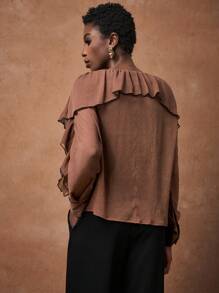 Zivah 2025 夏季新款母亲节、婚礼、生日派对、休闲、度假、时尚、街头风格、优雅、商务休闲女士宽松深 V 领荷叶边袖拼布衬衫 - 棕色 - 查看 4