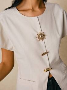 Poéselle Women's Round Neck Short Sleeve Linen Fabric Metal Button Decorated Blouse - Apricot - View 3