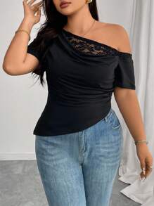 Elenzga Áo thun nữ cỡ lớn cổ bẻ bất đối xứng ren ghép thanh lịch - trắng - Xem 6