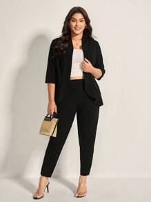 Comfylo LUNE 加大码女式纯色七分袖西装外套和裤子两件套办公室套装