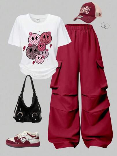 SHEIN ChillGRL 2 件套少女字母印花圆领 T 恤 + 休闲工装裤，街头风格