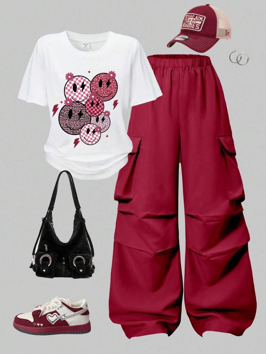 SHEIN ChillGRL 2 件套少女字母印花圆领 T 恤 + 休闲工装裤，街头风格
