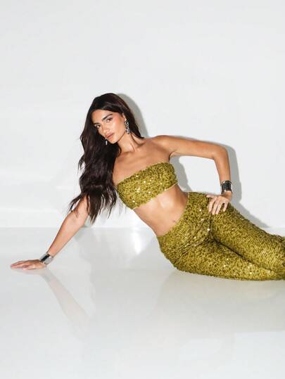 KIZN Festival Sequin Bandeau Two Piece Set Wide Leg Pants Co Ord Party Evening Holiday Beach Club Concert Outfit Occasion Wear