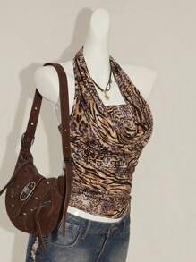 SHEIN ICON 2pcs Women Boho Brown Draped Country Concert Zebra And Leopard Print Bandeau Top And Strapless Camisole Set - Multicolor - View 6