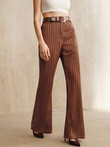 Anewsta New Women Casual Retro Modern Commuter Fashionable Striped Straight Leg Pants - Brown - View 4