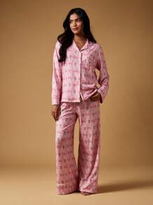 MISSGUIDED Bộ đồ ngủ tay dài mùa đông in họa tiết nơ hoa cài nút cổ lọ Bộ đồ ngủ mặc ở nhà thoải mái làm quà tặng ngày lễ tình nhân - Nhiều màu - Xem 5