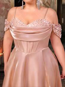 Glamrae 大码优雅浪漫香槟色闪亮缎面手工串珠荷叶边 A 字晚礼服（重饰设计） - 香檳色 - 查看 1