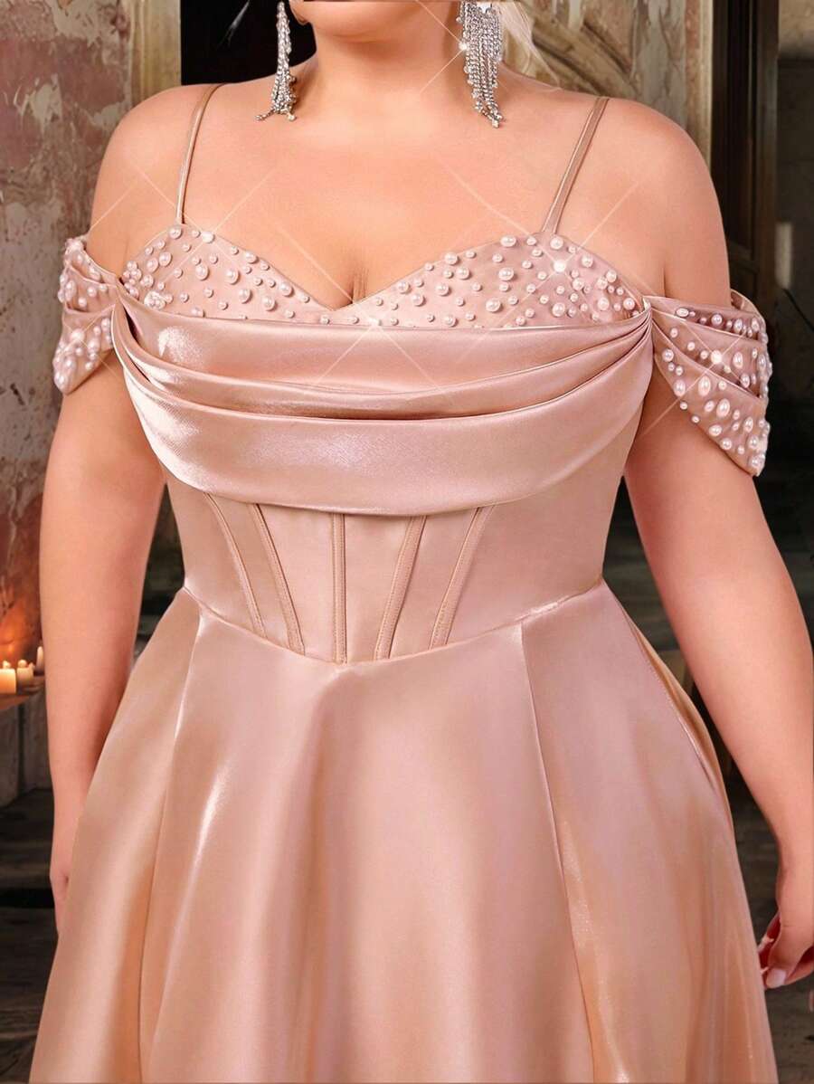 Glamrae 大码优雅浪漫香槟色闪亮缎面手工串珠荷叶边 A 字晚礼服（重饰设计） - 香檳色 - 查看 1