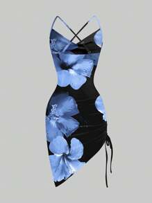 Firerie 蓝色芙蓉印花图案迷你紧身吊带连衣裙，荷叶边下摆，侧面抽绳，适合假期、音乐节、海边度假、浪漫、海滩、春假、夏季迈阿密女孩蓝色碎花连衣裙紧身连衣裙夏季连衣裙女士紧身连衣裙碎花连衣裙适合外出时尚连衣裙 - 彩色 - 查看 2