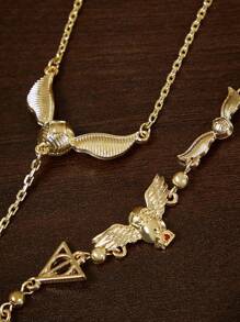 HARRY POTTER X SHEIN 2pcs Set Adjustable Size Zinc Alloy Necklace And Bracelet Gold-Tone Gift Set, Suitable For Gifts, Collection, Memento: Golden Snitch, Deathly Hallows, Hedwig - Gold - View 6