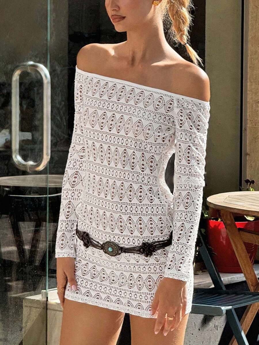 SHEIN ICON 女式西部波西米亚风秋季乡村白色外出性感透明镂空露肩长袖修身迷你连衣裙,度假风格,不含腰带 - 白色 - 查看 1