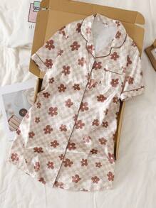 Aprikosen-Blume Muster-Langhemdkleid für Damen, stilvolles und süßes lässiges Nachtwäsche-Pyjama-Set mit Blumenkaromuster, Seidenpyjama-Set, Vintage-Pyjama-Set