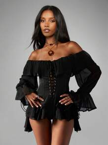 MISSGUIDED 露肩挤奶女工紧身衣束腰长袖荷叶边装饰节日文艺复兴服装哥特式正式场合服装秋冬 - 黑色 - 查看 3