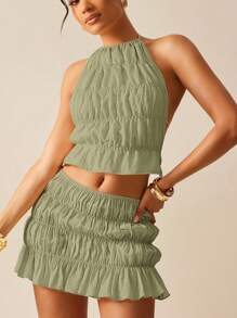 Hauture Conjunto de saia e top curto sem costas, cor sólida, sexy, para férias - Verde de Exercício - Ver 3