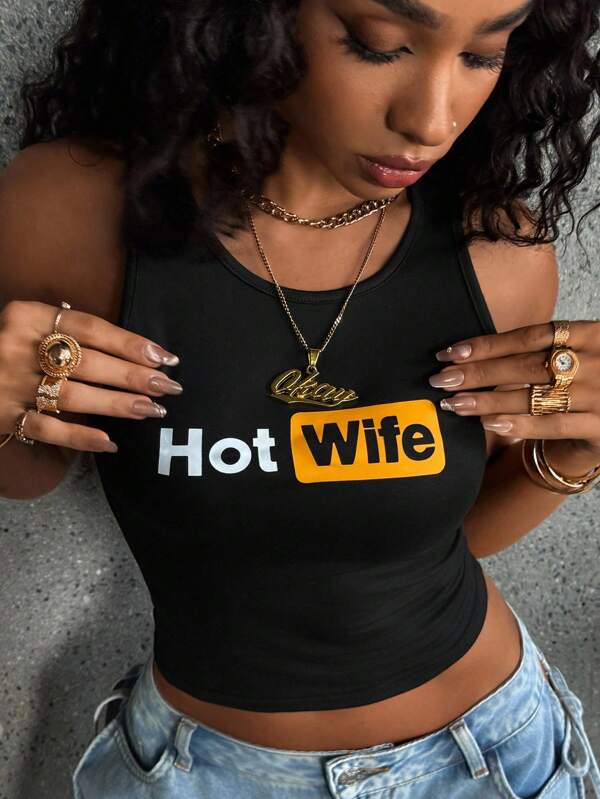 INAWLY Maiou negru tricotat, fără mâneci, cu imprimeu de tip slogan Hot Wife, croială slim fit, pentru femei