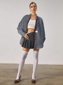 Athîral 女式蓝色条纹撞色棕色金属袖口斜襟长袖衬衫 - 藍色 - 查看 5