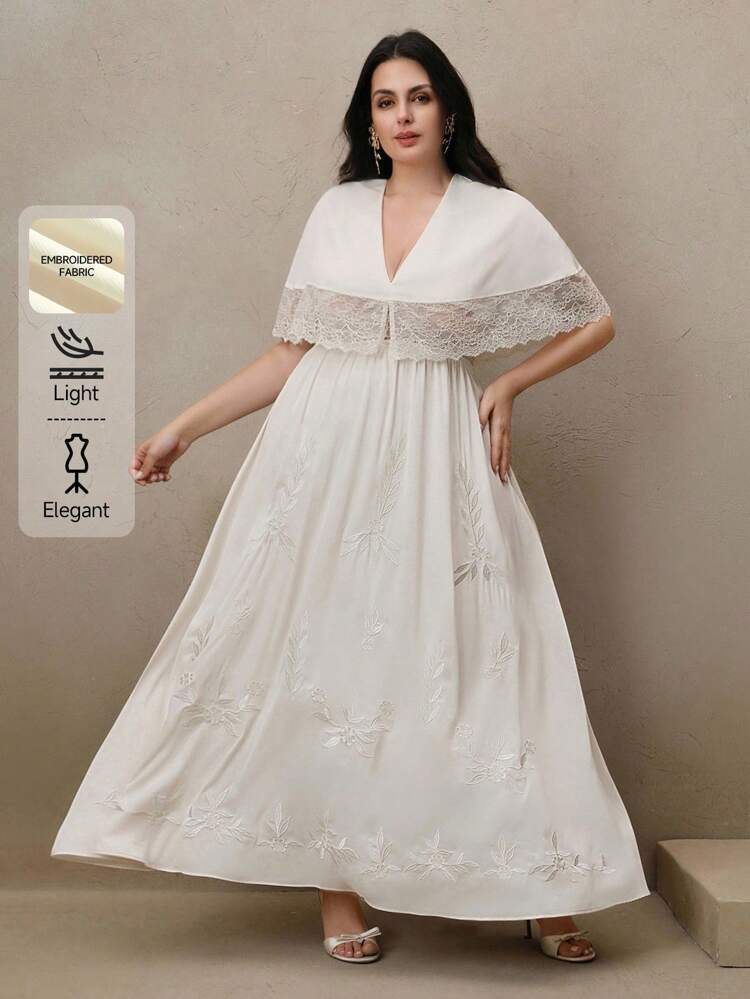 Women's Ruffled V-Neck Sleeveless Fitted Lace Hem Embroidery Panel Maxi Casual Vacation Chiffon Dress