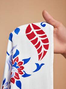 Veslaya 2025春夏大码复古西部/热带度假/音乐节/夜店/公路旅行/自然之旅/休闲/城市度假/毕业典礼/优雅假日连衣裙 - 白色波西米亚复古印花立领短袖系腰H字迷你衬衫裙 大码衬衫裙 夏季大码度假装 - 白色 - 查看 6