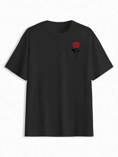 EURMUSE 100%Cotton Men Rose Print Round Neck Casual Tee