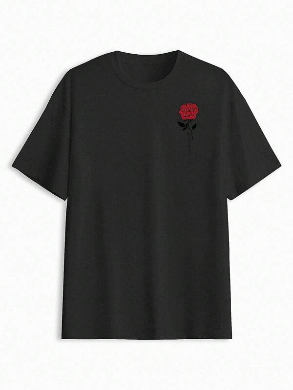 EURMUSE 100%Cotton Men Rose Print Round Neck Casual Tee