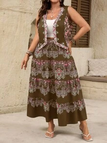 SHEIN Clasi 2pcs/Set Women Summer Casual Western Style V-Neck Sleeveless Top With Printed Pattern And Elastic Waist Long Skirt Boho Skirts For Women Bohemian Skirt Brown Long Skirt Tiered Maxi Skirt Bohemian Maxi Skirt - Coffee Brown - View 4