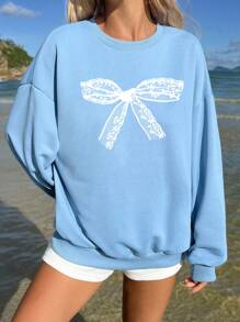 Muchica Áo nỉ dài tay rộng in họa tiết nơ ren trắng tối giản giản dị dành cho nữ, phù hợp cho mùa thu đông - Màu xanh bụi bặm - Xem 6