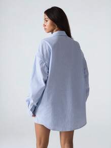 LYSMO 2件套女士休闲通勤条纹衬衫和短裤 - 藍色 - 查看 2