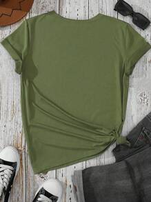 INAWLY Solva 女士夏季字母印花圆领短袖休闲宽松T恤 - 軍綠色 - 查看 2