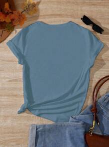 INAWLY Women's Embroidery Inspired Farm Animal Print T-Shirt (Pig, Cow, Dog) - Dusty Blue - View 2