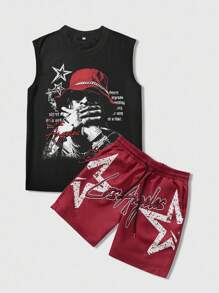 ROMWE MEN Street Life Men's Hip Hop Portrait & Pentagram Print Tank Top And Sports Shorts - Multicolor - View 3