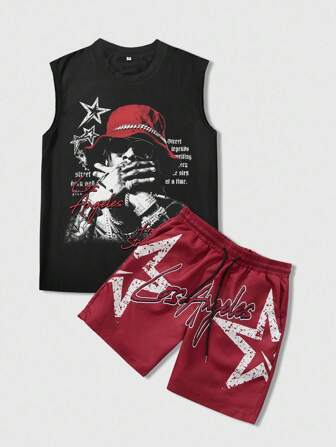 Street Life Men's Hip Hop Portrait & Pentagram Print Tank Top And Sports Shorts, Suitable For Daily Wear In Spring & Summer