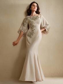 Anewsta Off-Shoulder Embroidered Linen Dress For Women - Apricot - View 3