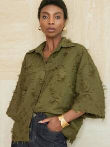 Aveloria Modichic 橄榄绿色 3/4 袖休闲衬衫，宽松版型，经典领口，穿着舒适 - 橄欖綠 - 查看 4