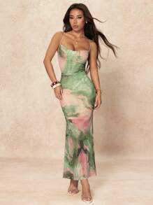 SHEIN PETITE Váy bó in họa tiết tie-dye thanh lịch dành cho nữ, mùa hè - màu xanh lá - Xem 5