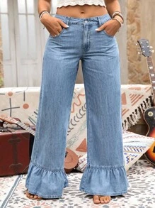 EMERY ROSE Plus Size Women Ruffle Hem Pockets Casual Denim Pants, Suitable For All Seasons - Blue - View 4