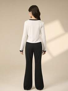 SHEIN 2 件套少女优雅白色针织方领蝴蝶装饰短袖 T 恤 + 修身喇叭长裤，2 件套服装 - 杏色 - 查看 2