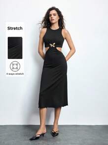 Maija Women's Black Summer Seksi Chic Night Out Waist Hollow Butterfly Metal Decor Bodycon Sleeveless Dress,Chic Urban Style Music Festival Midi Dress - Black - View 1