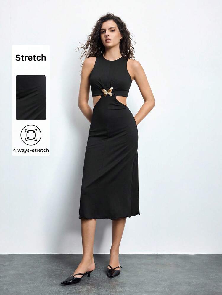 SHEIN Maija Black Waist Hollow Butterfly Metal Decor Bodycon Sleeveless Dress For Women, Spring Summer Chic Urban Style, Comfortable & Versatile For Music Festivals