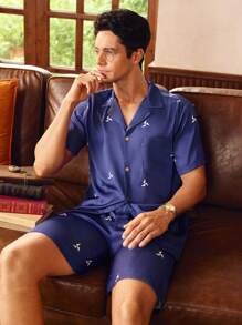 Manfinity Men's Geometric Print Button Front Short Sleeve Top And Elastic Waist Pants Pajama Set - Multicolor - View 5